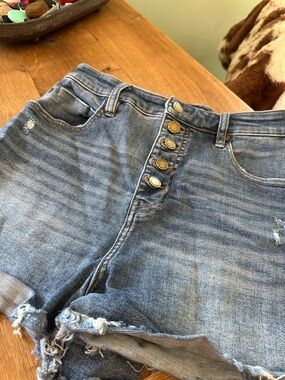 Liverpool Light Blue Distressed High-Rise Button-Fly Denim Shorts
